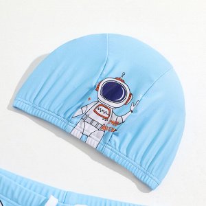 Плавки для мальчика пляжные, удобные и эластичные, с шапочкой для купания, голубые с космонавтом