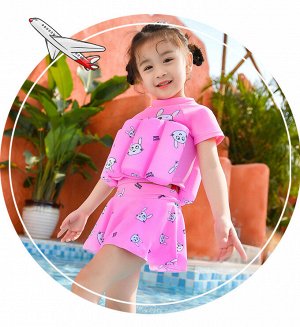 Купальный костюм для девочки поплавок, шорты с юбкой, футболка с коротким рукавом и шапочка для плавания, розовый