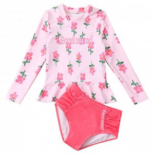 Купальный костюм для девочки, трусики и футболка с длинным рукавом, с рюшей, розовый с цветочками