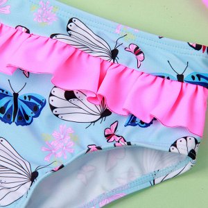 Купальник для девочки раздельный, топ и трусики, декорирован рюшами, голубой с розовым и бабочками