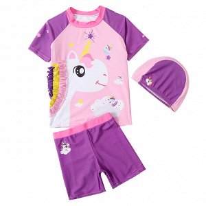 Купальный костюм для девочки, шорты и футболка с коротким рукавом + шапочка, фиолетовый с принтом