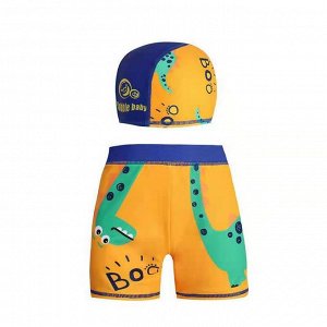 Плавки для мальчика пляжные, удобные и эластичные, с шапочкой для купания, оранжевые с динозавром