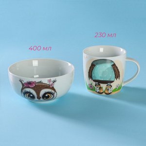 Набор детской посуды из керамики Доляна «Совенок», 2 предмета: кружка 230 мл, миска 400 мл, цвет белый