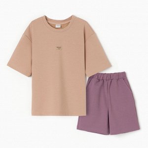 Костюм для девочки (футболка, шорты) MINAKU цвет бежевый/ пыльно-сиреневый, рост