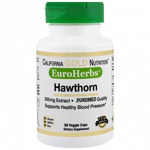 California Gold Nutrition, боярышник XT, EuroHerbs 300 мг, 60 растительных капсул