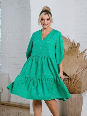 Платье Красивое платье из легкой ткани - Ниагара. Модель отрезная по линии талии. Расцветка цветочный принт на зеленом.   V-образная горловина. Рукава 3/4 36 см., низ на резинке. Юбка состоит из двух 