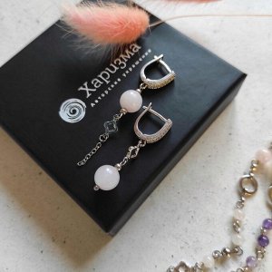 Серьги с розовым кварцем в белом металле асимметричные