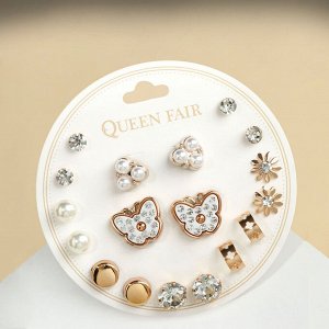 Серьги пусеты QF «Юность», 9 пар, бабочки и жемчужины, белые в золоте