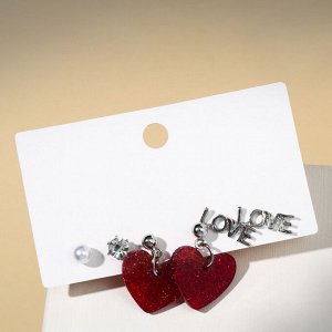 Серьги набор 3 пары LOVE сердечки, цвет бело-красный в серебре