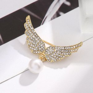 Женская брошь "Крылья ангела" со стразами и декоративной жемчужиной, цвет золотистый