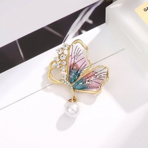 Женская брошь "Бабочка" с декоративным жемчугом и стразами, цвет фиолетово-голубой