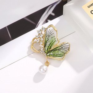 Женская брошь "Бабочка" с декоративным жемчугом и стразами, цвет зелёный