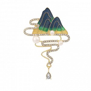 Женская брошь "Горы и реки" с декоративным жемчугом и стразами, цвет золотистый/зелёный
