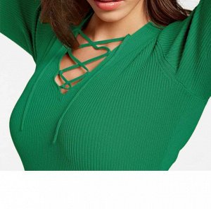 1к Ashley Brooke  Пуловер, зеленый  Классика резиночной вязкой с сексуальными деталями. Эффектная шнуровка на женственном треугольном вырезе. Очень узкая форма с длинными рукавами. Длина ок. 64 см. Пр