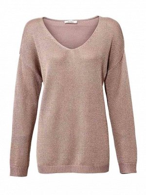 1к Linea Tesini  Пуловер, бежевый  Изысканный стиль и широкая форма. Гламурный образ с золотистым люрексом. Обрамляющий фигуру силуэт с широким треугольным вырезом, широкими плечами и длинными рукавам