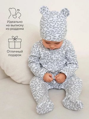 Комплект комбинезонов (слипов) детских с шапочкой Amarobaby Nature, белый, леопард, размер 68