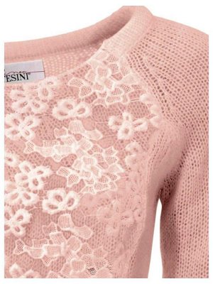 1к Linea Tesini  Пуловер, розовый  Нежный кружевной пуловер и соблазнительный образ. Прозрачная вставка из благородного кружева в тон. Подчеркивающий фигуру силуэт с круглым вырезом горловины. длинным