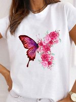 Женская футболка, принт &quot;бабочка и цветы&quot;, цвет белый