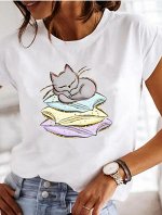 Женская футболка, принт &quot;котенок на подушках&quot;, цвет белый