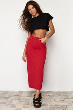 Красная джинсовая юбка-макси с разрезом