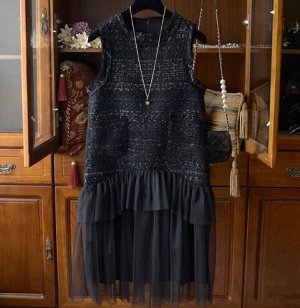 Твидовое платье с шифоновым подолом, черный
