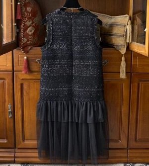 Твидовое платье с шифоновым подолом, черный