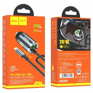 Автомобильное зарядное устройство HOCO NZ7 Balance, USB + Кабель Apple Lightning, 20W, черный