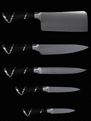 Набор кухонных ножей черные с серебром+подставка+ ножницы+ овощечистка+точильный стержень