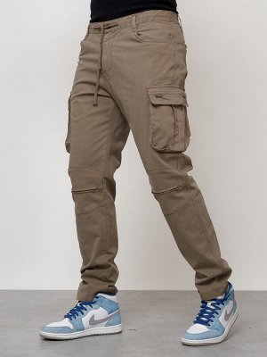 Джинсы карго мужские с накладными карманами бежевого цвета 2401B