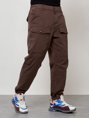 Джинсы карго мужские с накладными карманами коричневого цвета 2417K