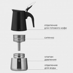 Кофеварка гейзерная Magistro Classic black, на 6 чашек, 300 мл, индукция, нержавеющая сталь, чёрная