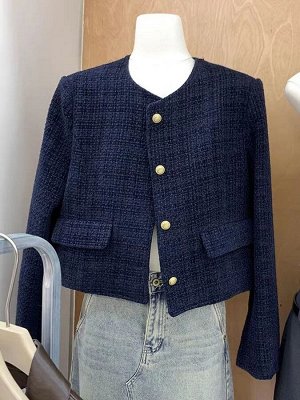 Женский укороченный пиджак, цвет темно-синий, в стиле OLD MONEY