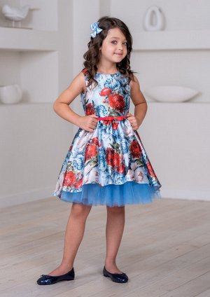 Платье из атласной ткани с экслюзивным принтом, цвет голубой
