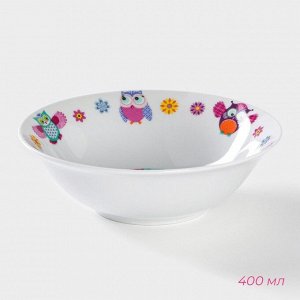 Набор детской посуды из керамики Доляна «Совушки», 3 предмета: кружка 230 мл, миска 400 мл, тарелка d=18 см, цвет белый