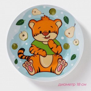 Набор детской посуды из керамики Доляна «Тигрёнок с грушами», 3 предмета: кружка 230 мл, миска 400 мл, тарелка d=18 см, цвет белый