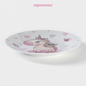 Детская тарелка Доляна «Совёнок и единорог», d=17.5 см, керамика, белая