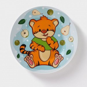 Детская тарелка Доляна «Тигрёнок с грушами», d=17.5 см, керамика, голубая