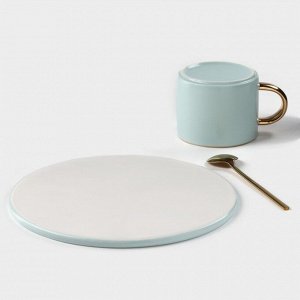 Кофейная пара керамическая «Любовь», 3 предмета: кружка 200 мл, блюдце d=20 см, ложка h=14 см, цвет голубой