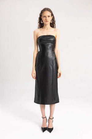 DEFACTO Облегающее платье миди без бретелек из искусственной кожи без рукавов
