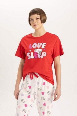 DEFACTO Пижамный комплект с короткими рукавами и принтом Fall in Love стандартного кроя