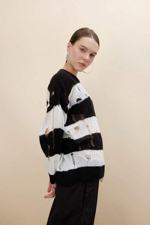 DEFACTO Полосатый ажурный свитер оверсайз с круглым вырезом