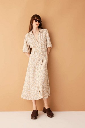 Платье миди из смесового льна с рубашечным воротником и рисунком с короткими рукавами