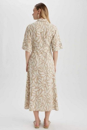 Платье миди из смесового льна с рубашечным воротником и рисунком с короткими рукавами