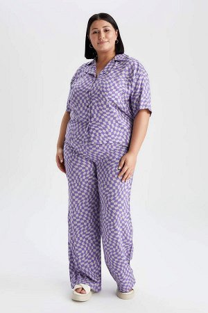 DEFACTO DF Plus Пижамный воротник стандартного кроя с квадратным узором и короткими рукавами Рубашка больших размеров