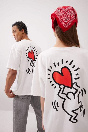 DEFACTO Унисекс футболка Keith Haring Oversize с круглым вырезом и принтом на спине с короткими рукавами