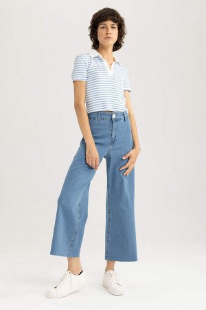 Укороченные джинсовые брюки-кюлоты с высокой талией