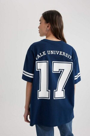 DEFACTO Унисекс Йельский университет Oversize-футболка с круглым вырезом и принтом на спине с короткими рукавами