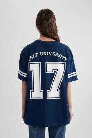 DEFACTO Унисекс Йельский университет Oversize-футболка с круглым вырезом и принтом на спине с короткими рукавами