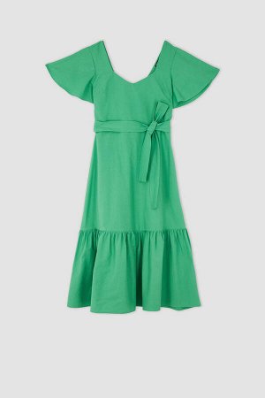 DEFACTO Платье макси из поплина с V-образным вырезом и короткими рукавами