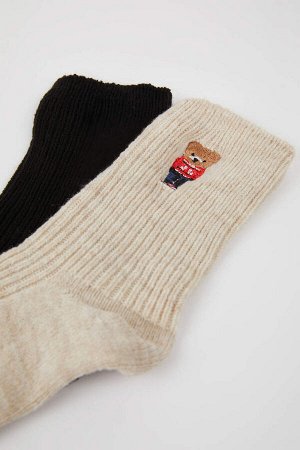 Женские зимние носки из двух предметов с вышивкой в виде плюшевого мишки